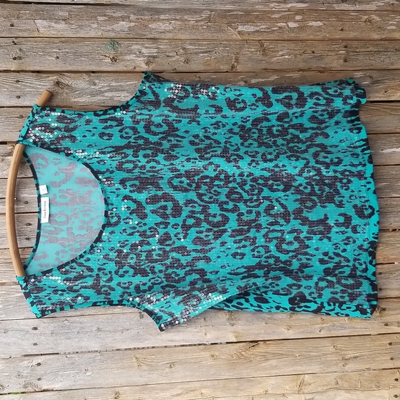 FANCY SEQUIN Size 1X ANIMAL PRINT Turquoise JOAN RIVERS SLEEVELESS PARTY TOP - Picture 6 of 14